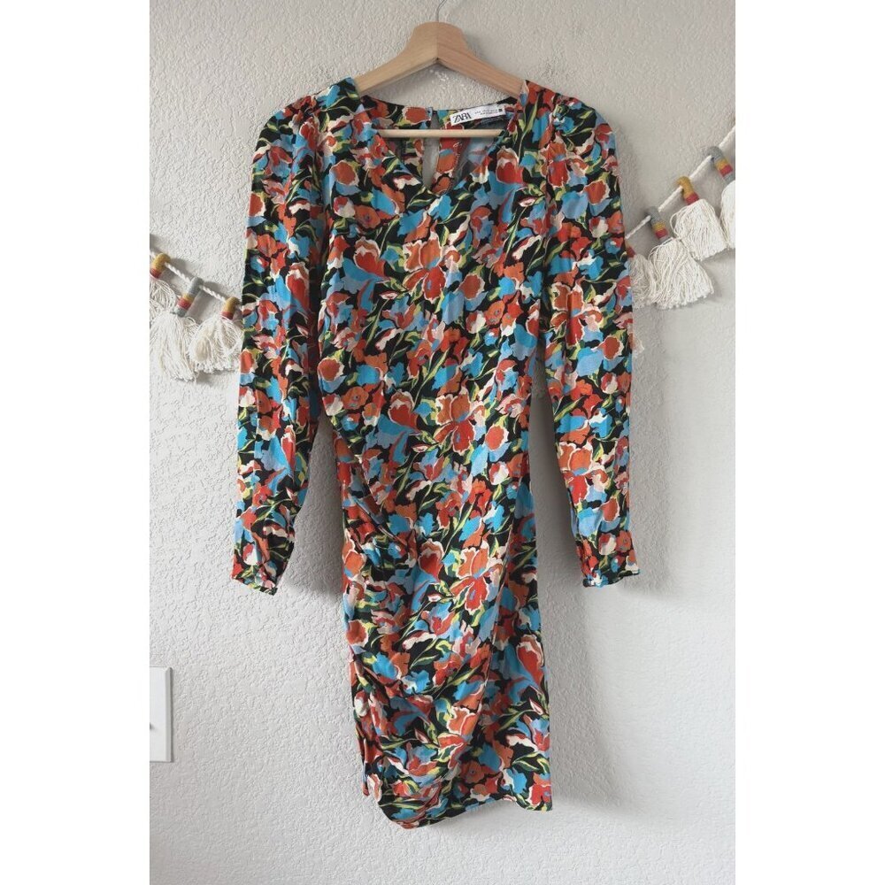 Zara Multicolor Floral Ruched Tie Long Sleeve Mini Dress Coquette Tropical S